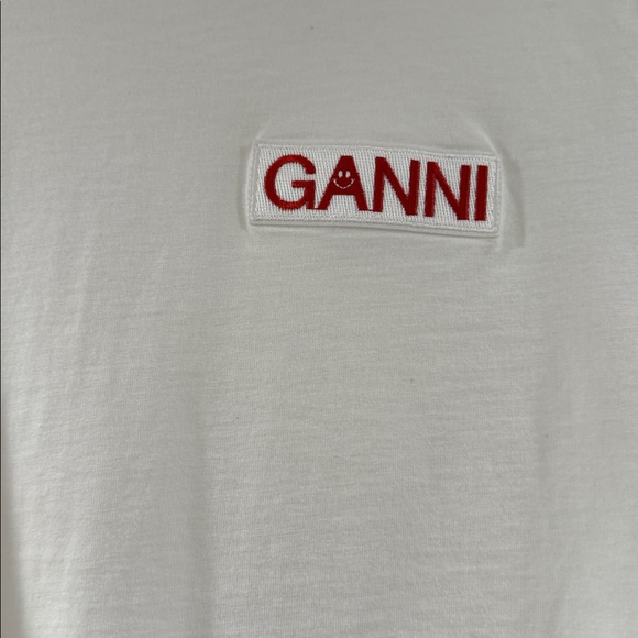 Ganni White Tee with Red Ringer Trim and Logo Ganni Patch, Sz Xsm - Picture 5 of 10